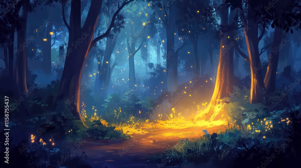 Poster magical night forest path illuminated by fireflies and glowing base of a tree.