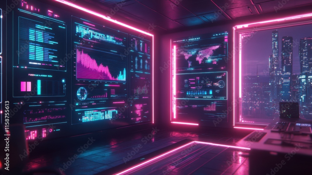 Poster high-tech workspace with a glowing futuristic interface showcasing