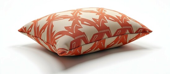 Bold orange palm leaf patterned cushion rests elegantly on a stark white background, creating a visually striking contrast and modern aesthetic.