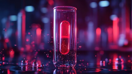 A glowing red capsule suspended in a liquid-filled beaker with small bubbles rising, futuristic lab setting, 8k, realistic, full ultra HD, high resolution, cinematic photography