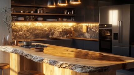 Farmhouse-inspired kitchen showcasing a live-edge countertop island, warm lighting, and natural wood tones in a cozy space.