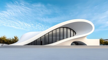 Modern Curved Building Design in Urban Landscape with Blue Sky