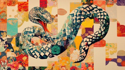 Japanese paper New Year card, featuring a coiled snake