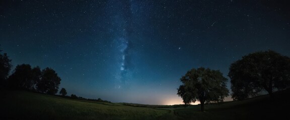 Starry night sky over a countryside landscape with trees and a glowing horizon.