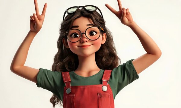 Cheerful Cartoon Girl with Glasses Making Peace Sign