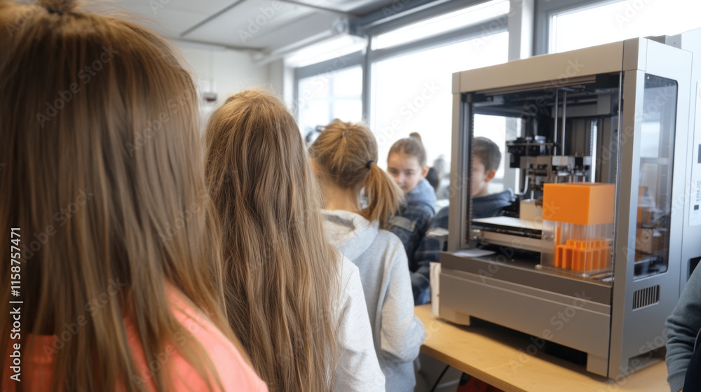Poster students observe 3d printer in educational setting, showcasing technology and innovation. atmosphere