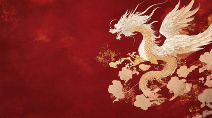elegant depiction of mythical dragon soaring against rich red background, showcasing intricate details and sense of power and grace. This artwork captures essence of legendary creatures