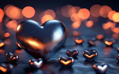 Fototapeta premium A single large metallic heart surrounded by smaller glowing hearts for valentines day