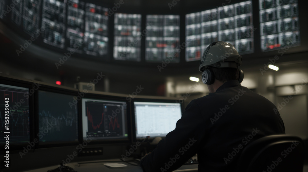 Poster engineer monitoring data on multiple screens in control room, wearing hard hat and headphones, focus