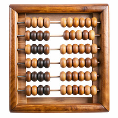 An old wooden abacus with colorful beads, set against a white background, ideal for historical, educational,