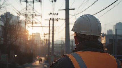 Engineer observing electrical power grid at sunset, wearing safety helmet and reflective vest, surrounded by power lines and urban landscape