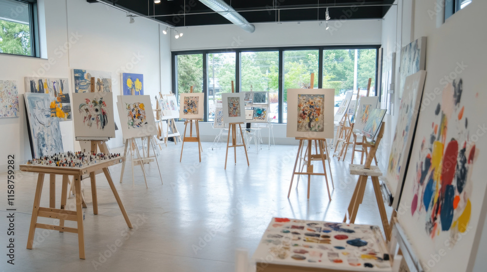 Poster art gallery showcasing easels with colorful canvas prints and paintings