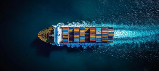 Fototapeta premium Aerial View of Cargo Ship with Colorful Containers, Global Trade, and Maritime Logistics at Sea.