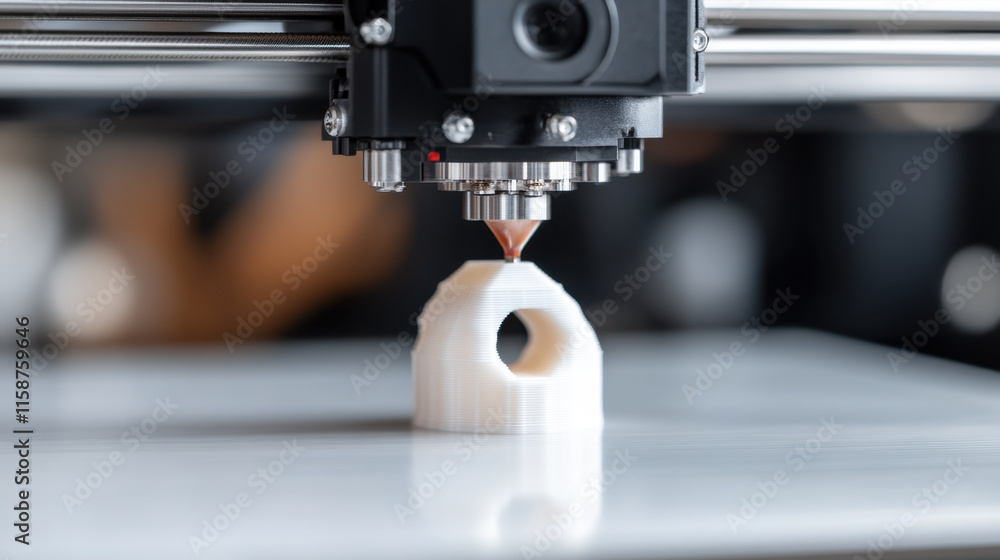 Poster close up of 3d printer nozzle creating white plastic object, showcasing intricate details of printin