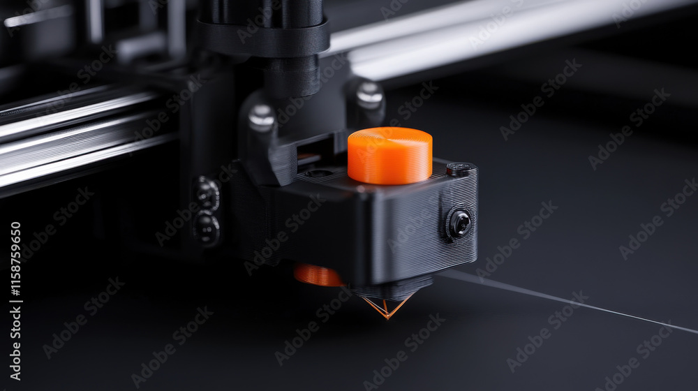 Poster close up of 3d printer nozzle with orange control button, showcasing intricate details of printing p