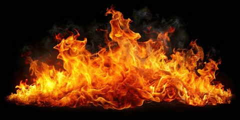 Fototapeta premium Fiery inferno erupts in vibrant hues, flames dancing with intense heat, surrounded by darkness of black background, flames isolated, fiery explosion