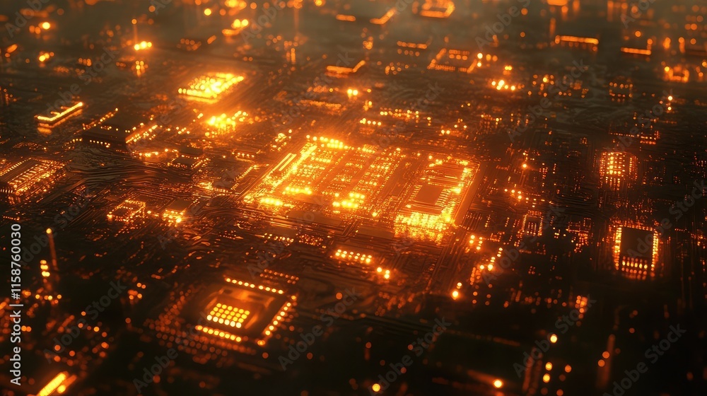 Poster a metallic printed circuit board with reflective traces and mounted microchips, glowing under sharp 