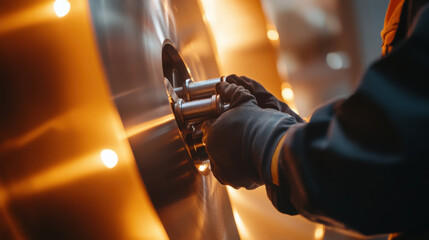 technician tightening bolts on turbine blade, showcasing precision and focus in well lit industrial environment. scene highlights importance of safety and expertise