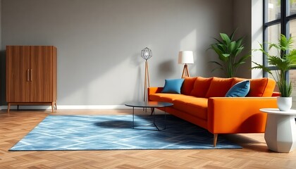 living room interior with orange sofa and single table wallpaper