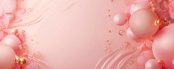 Pink and gold spheres floating on a pastel background with bubbles and ripples