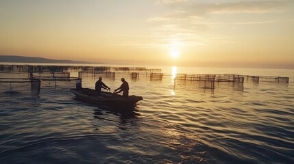 A serene sunset over water with fishermen in a boat, surrounded by fish traps, capturing the essence of peaceful aquatic life.