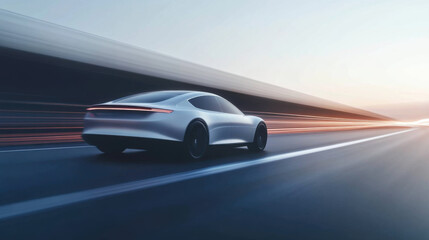 Futuristic car accelerating on glowing road, showcasing speed and innovation. sleek design and dynamic motion evoke sense of excitement and modernity