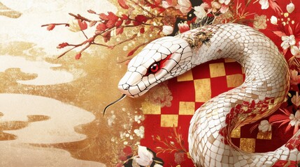 Obraz premium Snake-themed Japanese New Year card, traditional paper