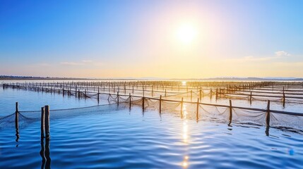 Fototapeta premium A serene waterfront scene featuring a vibrant sunset over calm waters, with fishing nets casting shadows across the landscape.