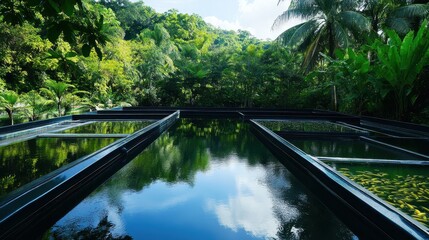A serene landscape featuring calm waters reflecting lush greenery and tropical vegetation, set in a tranquil outdoor environment.