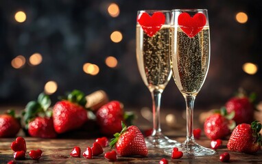 Elegant champagne glasses with heart-shaped strawberries as garnish for valentines day