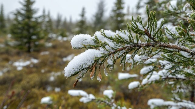 Snow-covered branch of an evergreen tree, with snow gently