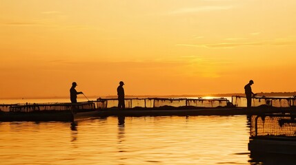 Fototapeta premium Silhouetted fishermen work at sunset, casting reflections on tranquil waters, encapsulating the essence of peaceful labor in a beautiful landscape.
