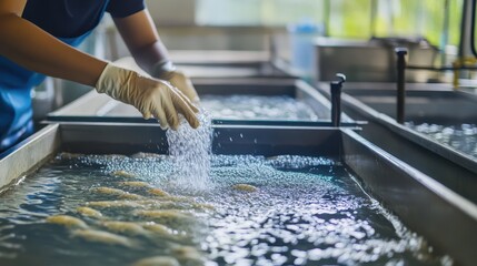 A worker adds water to fish tanks, ensuring proper conditions for aquatic life in a clean and controlled environment.