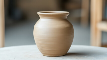clay pot sits on table, showcasing its smooth, unglazed surface and rounded shape, highlighting artistry of pottery making