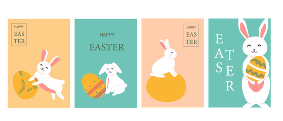 Cute easter bunnies with colorful eggs in pastel designs.