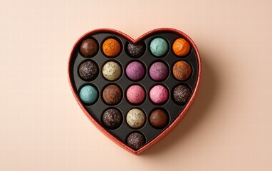 Heart-shaped chocolate box filled with assorted colorful truffles on a soft peach background for valentines day