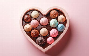 Heart-shaped chocolate box filled with assorted colorful truffles on a pastel pink background for valentines day