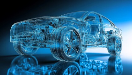 X-ray View Modern Car Blueprint With Exposed Engine And Interior, Automotive Engineering Concept.