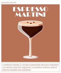 Espresso martini cocktail on the beige background. Vector illustration of modern alcoholic drink. Cocktail recipe poster