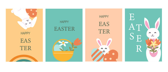 Colorful easter greeting cards with bunnies and flowers.