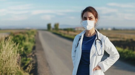 Female doctor or nurse wearing a protective face mask next to a rural road.