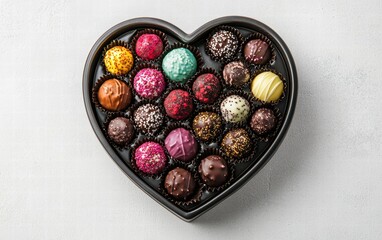 Heart-shaped chocolate box filled with assorted colorful truffles on a light gray background for valentines day
