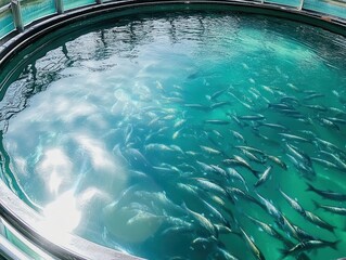 A tranquil fish-filled pool with clear turquoise water, showcasing an underwater scene of swimming fish in a circular enclosure.