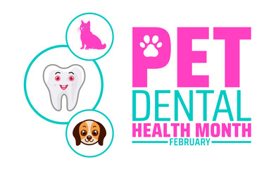 National pet dental health month background banner or poster design template with pet, dog, cat and tooth picture. observed every year in February. Holiday concept. Use to any Template.