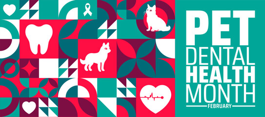 National pet dental health month geometric shape pattern background banner or poster design template with pet tooth design. observed every year in February. Holiday concept. Use to any Template, card.