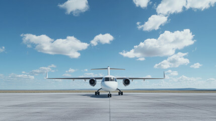 Obraz premium sleek airplane parked on runway under clear blue sky, surrounded by fluffy clouds, showcasing modern aviation design and technology