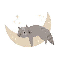 Little cute raccoon sleeping on the moon. Adorable animal vector design, illustration.
