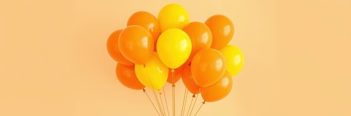 Bright orange and yellow balloons floating against a soft pastel background create a cheerful celebration atmosphere