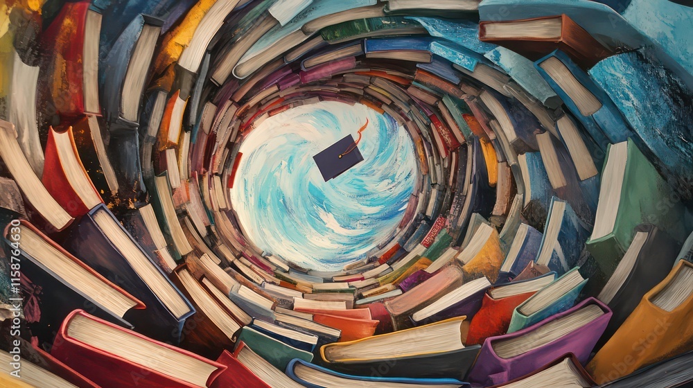 Poster a vortex of colorful books surrounds a single blue book with a bookmark, symbolizing knowledge and l