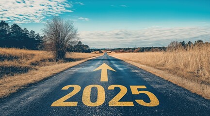  Empty road stretching into the distance with a forward-pointing arrow and "2025" symbolizing ongoing business progress and development, ideal for year-end new year's poster or social media post, conv